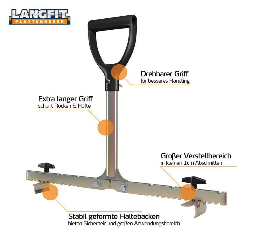 Rangierwagenheber Profi LANGFIT® Fliesenheber - Rückenfreundlich Durch Extra Langen Griff - 30 Plattenheber Für Pflastersteine