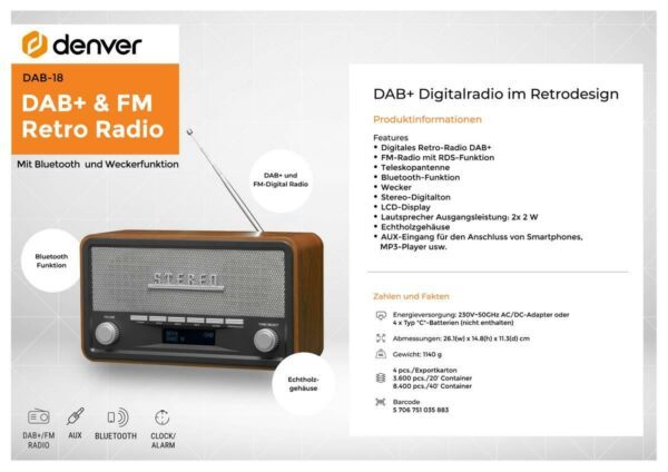 DENVER® DAB+ Retro Radio mit Bluetooth, Uhr und Wecker „DAB-18“