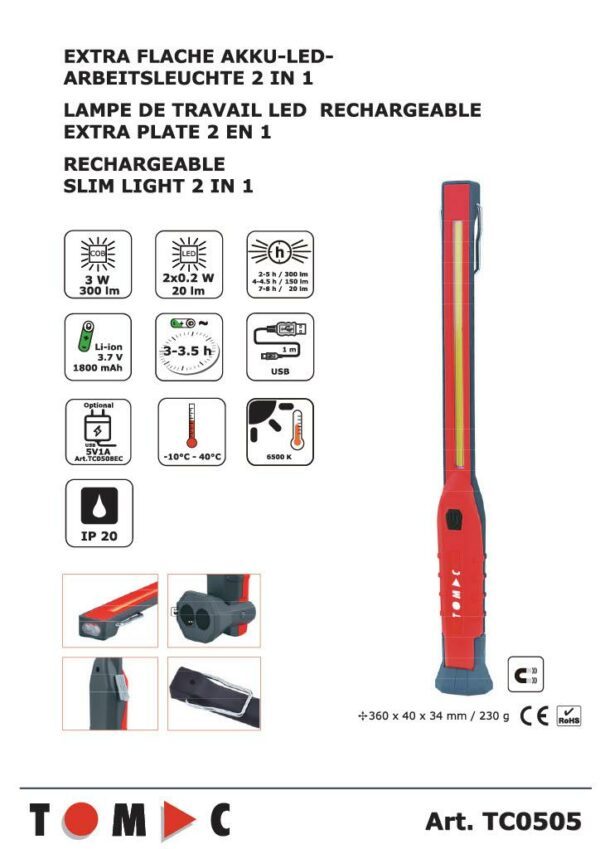 TOMAC Akku-LED-Arbeitsleuchte 2 in 1 Extra flache TC0505 – Bild 3