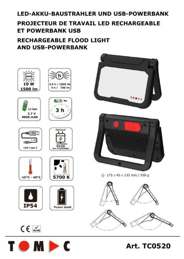 TOMAC LED-Akku-Baustrahler und USB-PowerbankTC0520 – Bild 2
