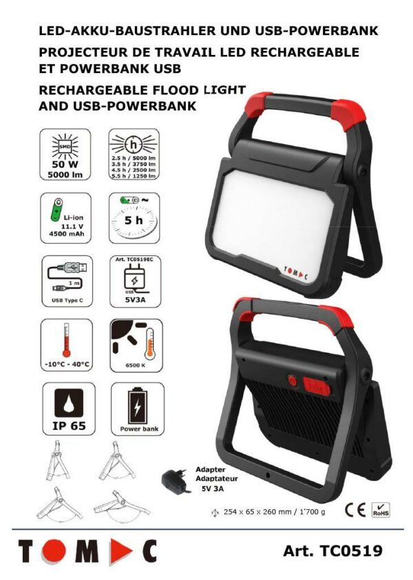 TOMAC LED-Akku-Baustrahler und USB-Powerbank TC0519 – Bild 2